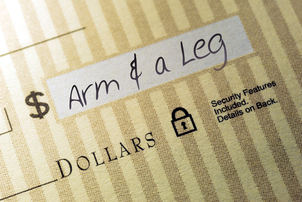 A picture of a check for the amount of an "Arm & a Leg"
