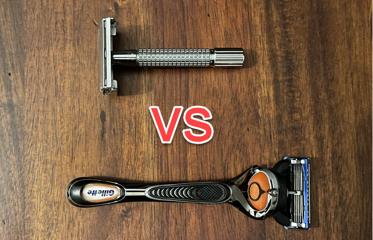 The word "VS" in between a safety razor and a Gillette Fusion Proglide cartridge razor