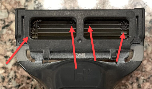 Rear of Harry’s razor after four shaves. Hair from first shave is still ...